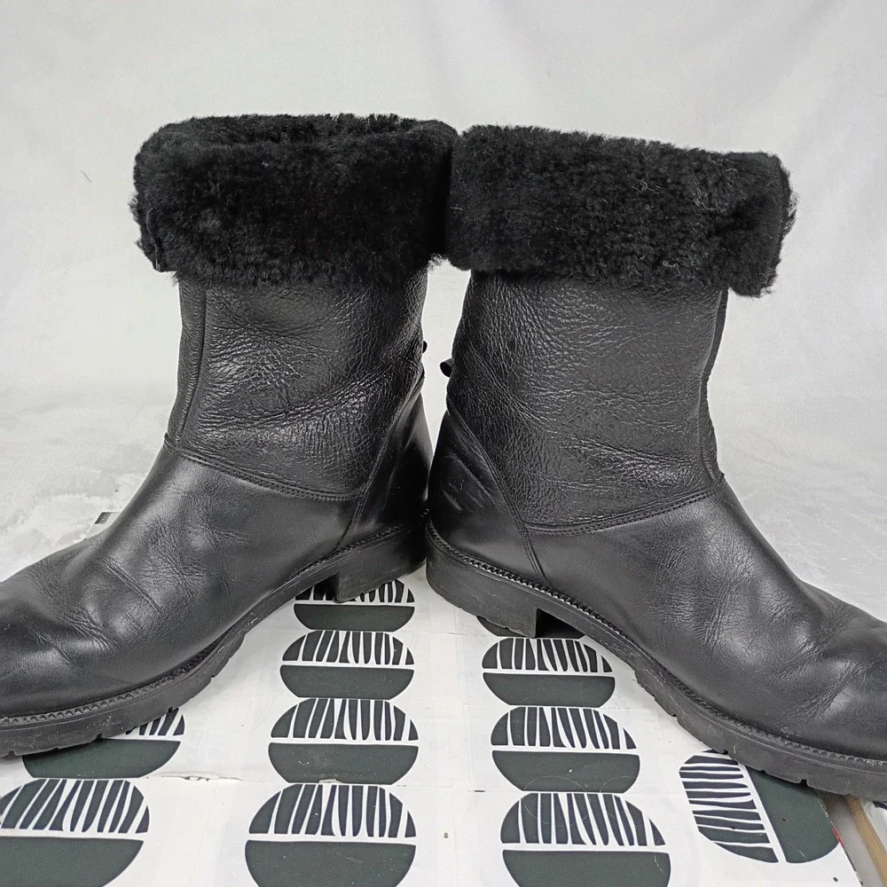 Santana Canada Black Leather Faux Fur Trim‎ Winter Boots Lug Sole Mens 8.5
